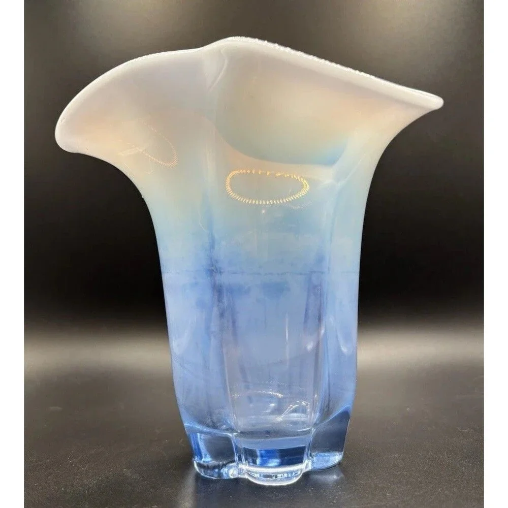 Duncan & Miller CANTERBURY #115 Blue Opalescent Glass Crimped Vase  5” tall